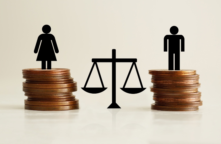figures of a man and a woman stand on coins