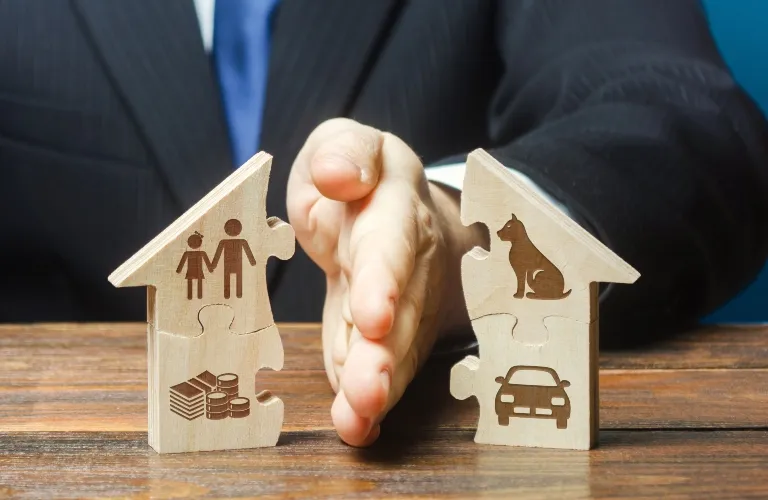 Hand in business suit separating two wooden house-shaped puzzle pieces with icons of family and money on left, pet and car on right.
