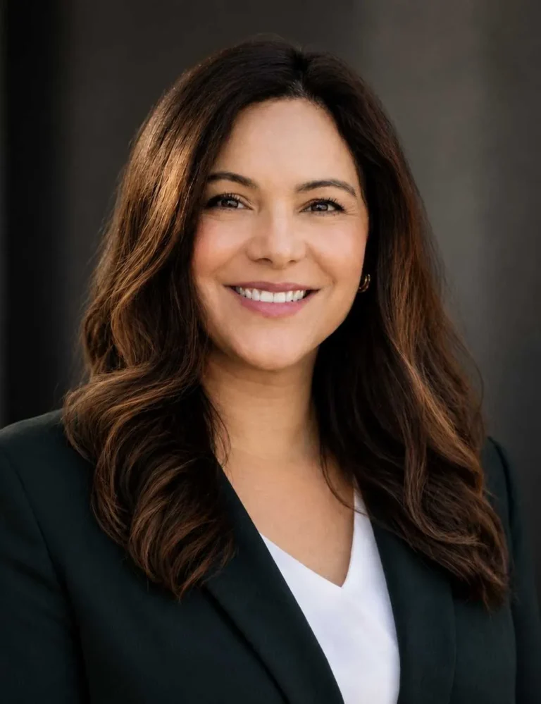 Professional headshot of a woman with long brown hair, wearing a dark blazer and white blouse, smiling against a neutral background.